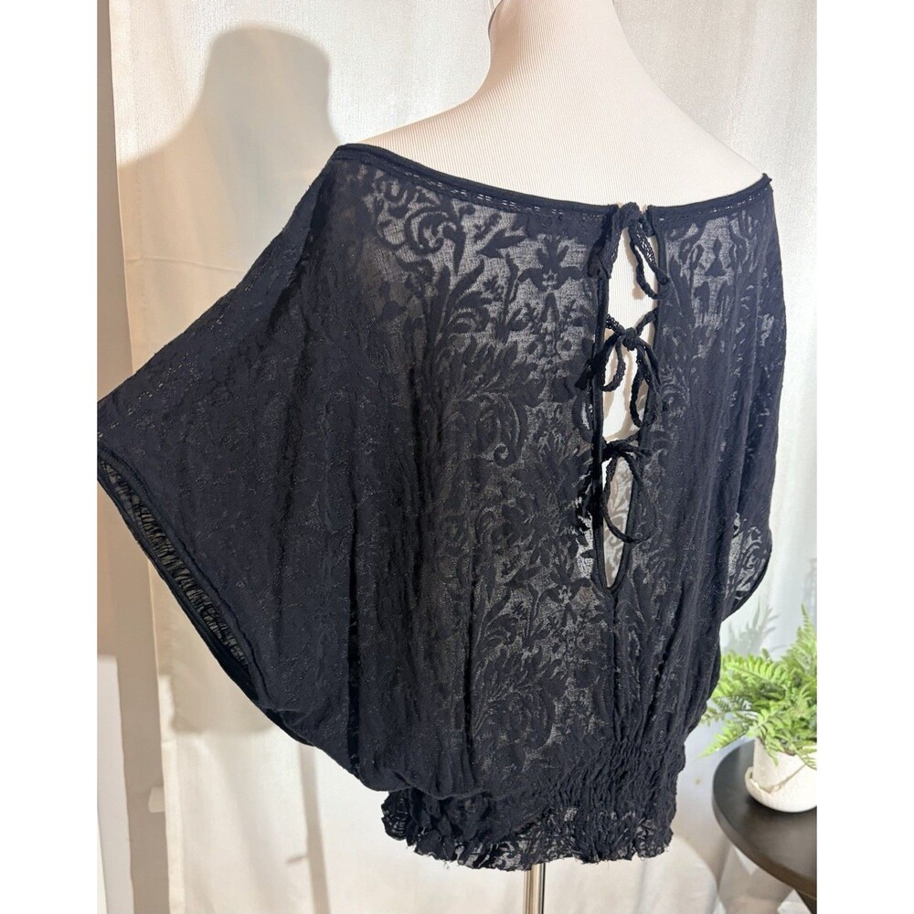 Free People Sheer Black Mixed Lace Dolman Sleeve Blouson Top - Smocked Waist - Picture 5 of 13